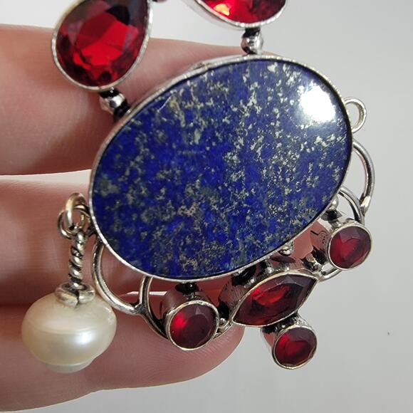 Handmade Sterling Silver Pendant with Lapis Lazuli Garnet Accents and Pearl Drop - Picture 5 of 10